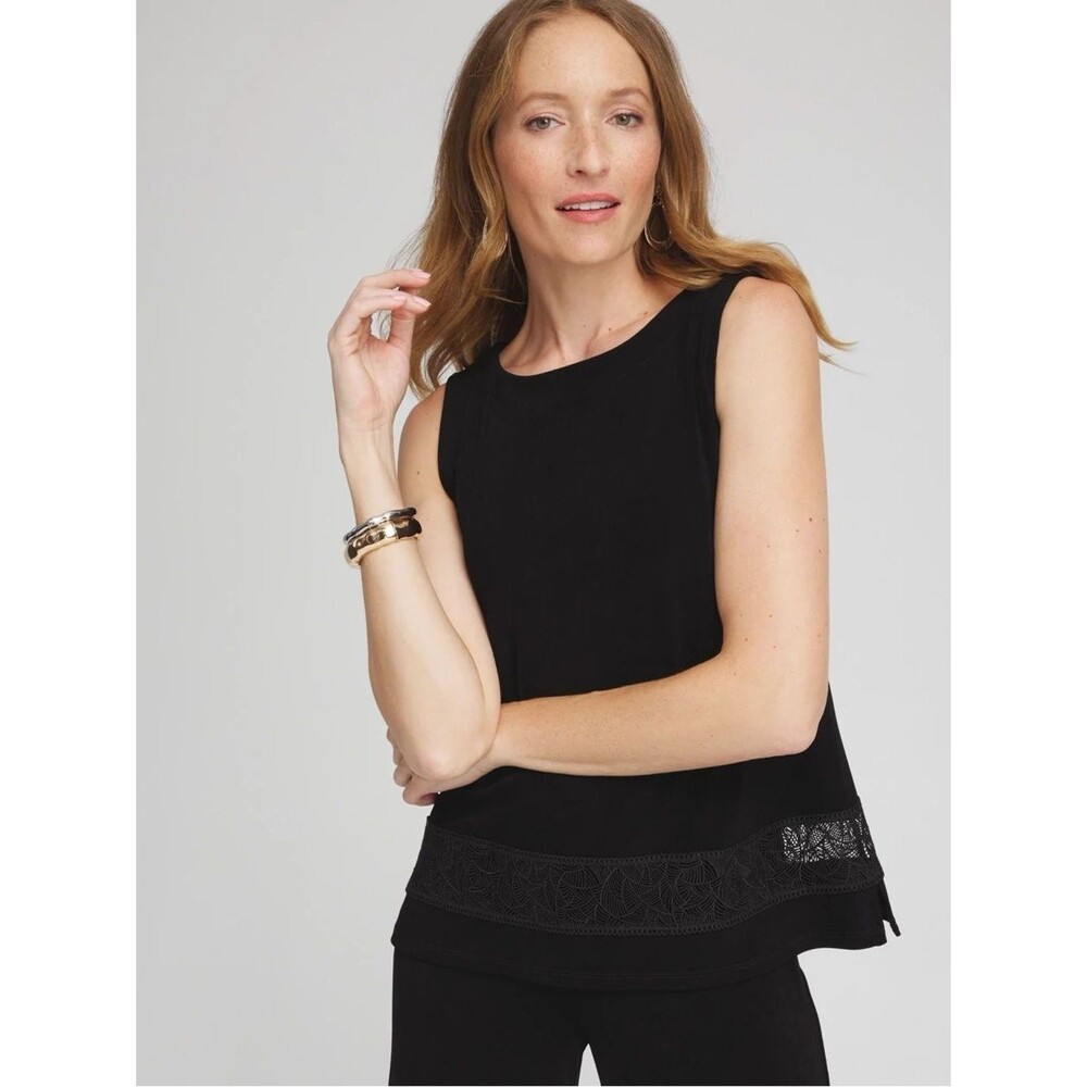 Chico's Traveler Sleeveless Trim Tank SZ 1 US M Scoop Neck Color Black